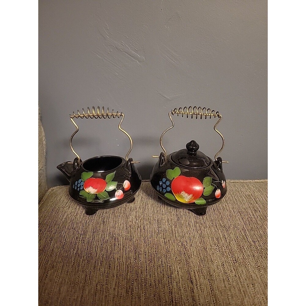 Black Redware Creamer Sugar Bowl Set Footed Hand Painted Fruit Wire Handle Vtg